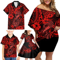 Hawaii Fish Hook Family Matching Off Shoulder Short Dress and Hawaiian Shirt Hibiscus Hawaii Tribal Tattoo Red Version LT01 - Polynesian Pride