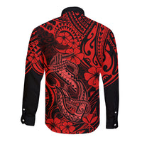 Hawaii Fish Hook Long Sleeve Button Shirt Hibiscus Hawaii Tribal Tattoo Red Version LT01 - Polynesian Pride