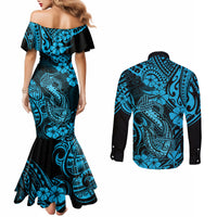 Hawaii Fish Hook Couples Matching Mermaid Dress and Long Sleeve Button Shirts Hibiscus Hawaii Tribal Tattoo Sky Blue Version LT01 - Polynesian Pride