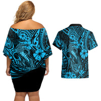 Hawaii Fish Hook Couples Matching Off Shoulder Short Dress and Hawaiian Shirt Hibiscus Hawaii Tribal Tattoo Sky Blue Version LT01 - Polynesian Pride