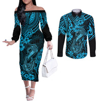Hawaii Fish Hook Couples Matching Off The Shoulder Long Sleeve Dress and Long Sleeve Button Shirts Hibiscus Hawaii Tribal Tattoo Sky Blue Version LT01 Blue - Polynesian Pride