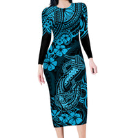 Hawaii Fish Hook Family Matching Long Sleeve Bodycon Dress and Hawaiian Shirt Hibiscus Hawaii Tribal Tattoo Sky Blue Version LT01 Mom's Dress Blue - Polynesian Pride