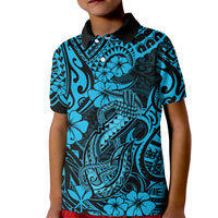 Hawaii Fish Hook Kid Polo Shirt Hibiscus Hawaii Tribal Tattoo Sky Blue Version LT01 Kid Blue - Polynesian Pride
