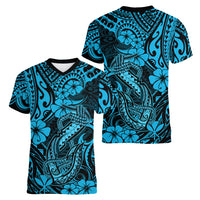 Hawaii Fish Hook Women V Neck T Shirt Hibiscus Hawaii Tribal Tattoo Sky Blue Version LT01 - Polynesian Pride