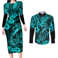 Hawaii Fish Hook Couples Matching Long Sleeve Bodycon Dress and Long Sleeve Button Shirts Hibiscus Hawaii Tribal Tattoo Turquoise Version LT01 Turquoise - Polynesian Pride