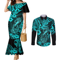 Hawaii Fish Hook Couples Matching Mermaid Dress and Long Sleeve Button Shirts Hibiscus Hawaii Tribal Tattoo Turquoise Version LT01 Turquoise - Polynesian Pride