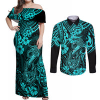 Hawaii Fish Hook Couples Matching Off Shoulder Maxi Dress and Long Sleeve Button Shirts Hibiscus Hawaii Tribal Tattoo Turquoise Version LT01 Turquoise - Polynesian Pride