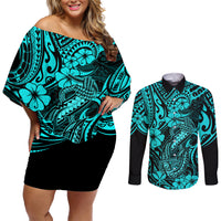 Hawaii Fish Hook Couples Matching Off Shoulder Short Dress and Long Sleeve Button Shirts Hibiscus Hawaii Tribal Tattoo Turquoise Version LT01 Turquoise - Polynesian Pride