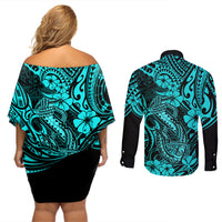 Hawaii Fish Hook Couples Matching Off Shoulder Short Dress and Long Sleeve Button Shirts Hibiscus Hawaii Tribal Tattoo Turquoise Version LT01 - Polynesian Pride