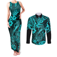 Hawaii Fish Hook Couples Matching Tank Maxi Dress and Long Sleeve Button Shirts Hibiscus Hawaii Tribal Tattoo Turquoise Version LT01 Turquoise - Polynesian Pride