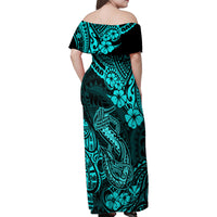 Hawaii Fish Hook Family Matching Off Shoulder Maxi Dress and Hawaiian Shirt Hibiscus Hawaii Tribal Tattoo Turquoise Version LT01 - Polynesian Pride