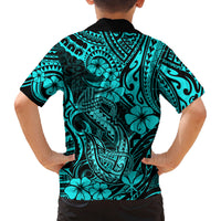 Hawaii Fish Hook Family Matching Summer Maxi Dress and Hawaiian Shirt Hibiscus Hawaii Tribal Tattoo Turquoise Version LT01 - Polynesian Pride