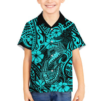 Hawaii Fish Hook Kid Hawaiian Shirt Hibiscus Hawaii Tribal Tattoo Turquoise Version LT01 Kid Turquoise - Polynesian Pride