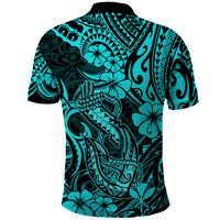 Hawaii Fish Hook Polo Shirt Hibiscus Hawaii Tribal Tattoo Turquoise Version LT01 - Polynesian Pride
