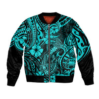 Hawaii Fish Hook Sleeve Zip Bomber Jacket Hibiscus Hawaii Tribal Tattoo Turquoise Version LT01 Unisex Turquoise - Polynesian Pride
