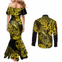 Hawaii Fish Hook Couples Matching Mermaid Dress and Long Sleeve Button Shirts Hibiscus Hawaii Tribal Tattoo Yellow Version LT01 - Polynesian Pride