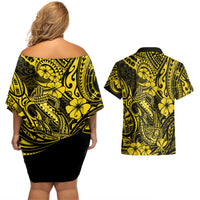 Hawaii Fish Hook Couples Matching Off Shoulder Short Dress and Hawaiian Shirt Hibiscus Hawaii Tribal Tattoo Yellow Version LT01 - Polynesian Pride