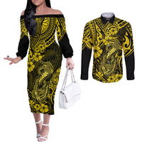 Hawaii Fish Hook Couples Matching Off The Shoulder Long Sleeve Dress and Long Sleeve Button Shirts Hibiscus Hawaii Tribal Tattoo Yellow Version LT01 Yellow - Polynesian Pride