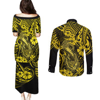 Hawaii Fish Hook Couples Matching Puletasi Dress and Long Sleeve Button Shirts Hibiscus Hawaii Tribal Tattoo Yellow Version LT01 - Polynesian Pride
