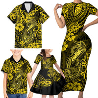 Hawaii Fish Hook Family Matching Short Sleeve Bodycon Dress and Hawaiian Shirt Hibiscus Hawaii Tribal Tattoo Yellow Version LT01 - Polynesian Pride