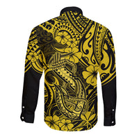Hawaii Fish Hook Long Sleeve Button Shirt Hibiscus Hawaii Tribal Tattoo Yellow Version LT01 - Polynesian Pride