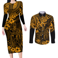 Hawaii King Kamehameha Couples Matching Long Sleeve Bodycon Dress and Long Sleeve Button Shirts Polynesian Pattern Gold Version LT01 Gold - Polynesian Pride