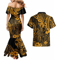 Hawaii King Kamehameha Couples Matching Mermaid Dress and Hawaiian Shirt Polynesian Pattern Gold Version LT01 - Polynesian Pride