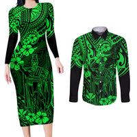 Hawaii King Kamehameha Couples Matching Long Sleeve Bodycon Dress and Long Sleeve Button Shirts Polynesian Pattern Green Version LT01 Green - Polynesian Pride