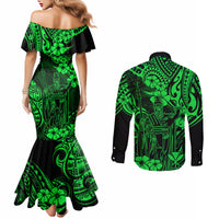 Hawaii King Kamehameha Couples Matching Mermaid Dress and Long Sleeve Button Shirts Polynesian Pattern Green Version LT01 - Polynesian Pride