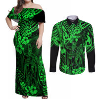 Hawaii King Kamehameha Couples Matching Off Shoulder Maxi Dress and Long Sleeve Button Shirts Polynesian Pattern Green Version LT01 Green - Polynesian Pride