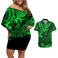 Hawaii King Kamehameha Couples Matching Off Shoulder Short Dress and Hawaiian Shirt Polynesian Pattern Green Version LT01 Green - Polynesian Pride