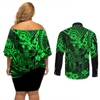 Hawaii King Kamehameha Couples Matching Off Shoulder Short Dress and Long Sleeve Button Shirts Polynesian Pattern Green Version LT01 - Polynesian Pride