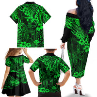 Hawaii King Kamehameha Family Matching Off Shoulder Long Sleeve Dress and Hawaiian Shirt Polynesian Pattern Green Version LT01 - Polynesian Pride