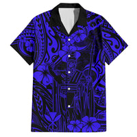 Hawaii King Kamehameha Family Matching Off Shoulder Maxi Dress and Hawaiian Shirt Polynesian Pattern Navy Blue Version LT01 Dad's Shirt - Short Sleeve Blue - Polynesian Pride
