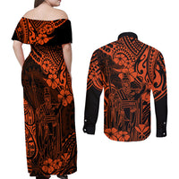 Hawaii King Kamehameha Couples Matching Off Shoulder Maxi Dress and Long Sleeve Button Shirts Polynesian Pattern Orange Version LT01 - Polynesian Pride