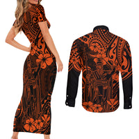 Hawaii King Kamehameha Couples Matching Short Sleeve Bodycon Dress and Long Sleeve Button Shirts Polynesian Pattern Orange Version LT01 - Polynesian Pride