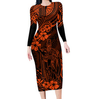 Hawaii King Kamehameha Family Matching Long Sleeve Bodycon Dress and Hawaiian Shirt Polynesian Pattern Orange Version LT01 Mom's Dress Orange - Polynesian Pride