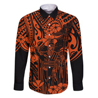 Hawaii King Kamehameha Family Matching Off Shoulder Maxi Dress and Hawaiian Shirt Polynesian Pattern Orange Version LT01 Dad's Shirt - Long Sleeve Orange - Polynesian Pride