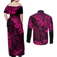 Hawaii King Kamehameha Couples Matching Off Shoulder Maxi Dress and Long Sleeve Button Shirts Polynesian Pattern Pink Version LT01 - Polynesian Pride