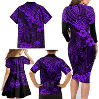 Hawaii King Kamehameha Family Matching Long Sleeve Bodycon Dress and Hawaiian Shirt Polynesian Pattern Purple Version LT01 - Polynesian Pride