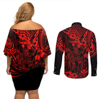 Hawaii King Kamehameha Couples Matching Off Shoulder Short Dress and Long Sleeve Button Shirts Polynesian Pattern Red Version LT01 - Polynesian Pride