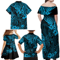 Hawaii King Kamehameha Family Matching Off Shoulder Maxi Dress and Hawaiian Shirt Polynesian Pattern Sky Blue Version LT01 - Polynesian Pride