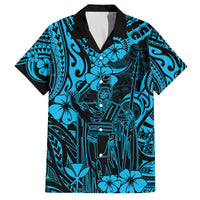 Hawaii King Kamehameha Family Matching Off Shoulder Maxi Dress and Hawaiian Shirt Polynesian Pattern Sky Blue Version LT01 Dad's Shirt - Short Sleeve Blue - Polynesian Pride
