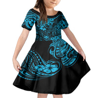 Hawaii King Kamehameha Family Matching Summer Maxi Dress and Hawaiian Shirt Polynesian Pattern Sky Blue Version LT01 Daughter's Dress Blue - Polynesian Pride