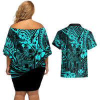 Hawaii King Kamehameha Couples Matching Off Shoulder Short Dress and Hawaiian Shirt Polynesian Pattern Turquoise Version LT01 - Polynesian Pride