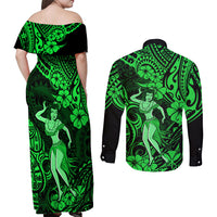 Hawaii Hula Girl Couples Matching Off Shoulder Maxi Dress and Long Sleeve Button Shirts Polynesian Pattern Green Version LT01 - Polynesian Pride