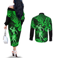Hawaii Hula Girl Couples Matching Off The Shoulder Long Sleeve Dress and Long Sleeve Button Shirts Polynesian Pattern Green Version LT01 - Polynesian Pride