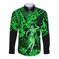 Hawaii Hula Girl Long Sleeve Button Shirt Polynesian Pattern Green Version LT01 Unisex Green - Polynesian Pride