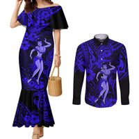 Hawaii Hula Girl Couples Matching Mermaid Dress and Long Sleeve Button Shirts Polynesian Pattern Navy Blue Version LT01 Blue - Polynesian Pride