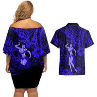 Hawaii Hula Girl Couples Matching Off Shoulder Short Dress and Hawaiian Shirt Polynesian Pattern Navy Blue Version LT01 - Polynesian Pride